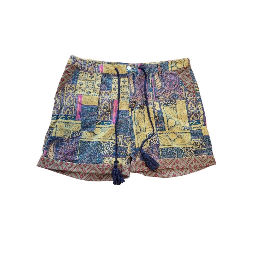 Sundance Linen Patchwork Womens Kalini Shorts Size L Tassel Boho Beach Festive